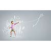 Little boy playing with kite against gray background. Childhood concept