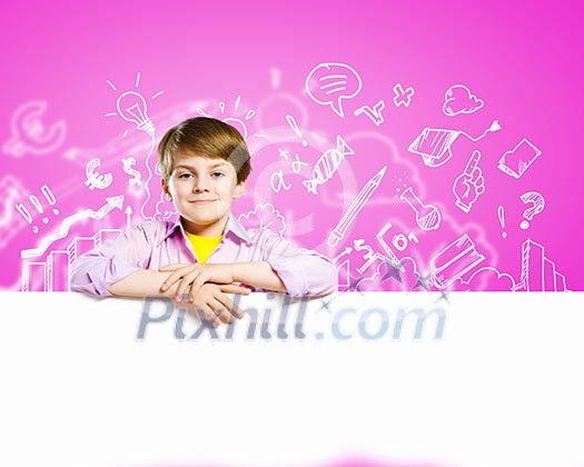 Image of little cute with blank banner against color background Image of little cute with blank banner against color background