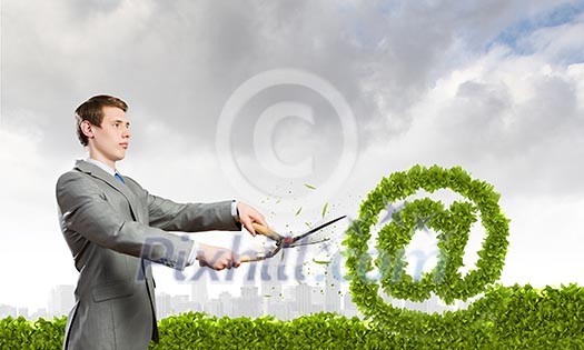 Businessman cutting green bush. Network and e-commerce Businessman cutting green bush. Network and e-commerce