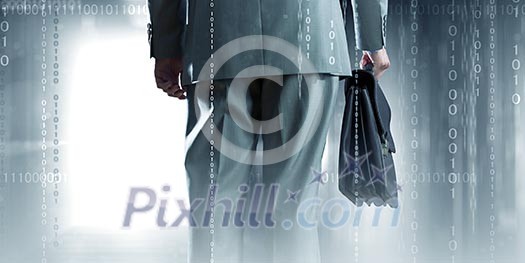 Back view of businessman holding suitcase against media background Back view of businessman holding suitcase against media background