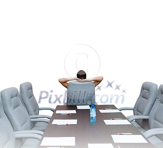 Businesswoman boss in conference room sitting with back in chair Businesswoman boss in conference room sitting with back in chair