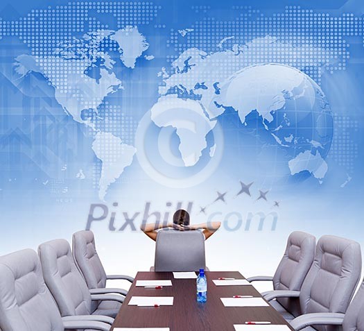 Businesswoman boss in conference room sitting with back in chair Businesswoman boss in conference room sitting with back in chair