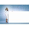Image of young female doctor with blank banner. Place for text