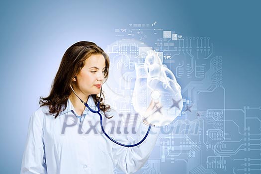 Image of young woman cardiologist with stethoscope examining heart Image of young woman cardiologist with stethoscope examining heart