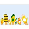 Image of human hands in colorful paint with smiles