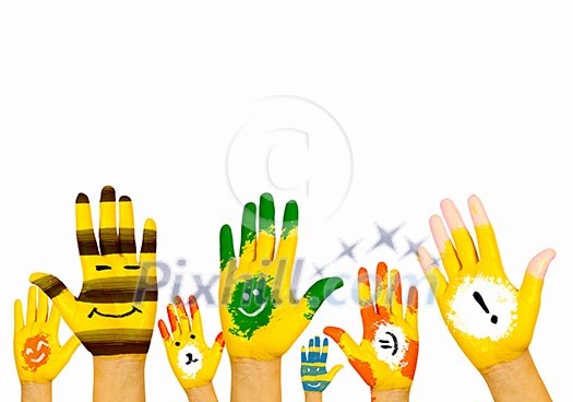 Image of human hands in colorful paint with smiles Image of human hands in colorful paint with smiles