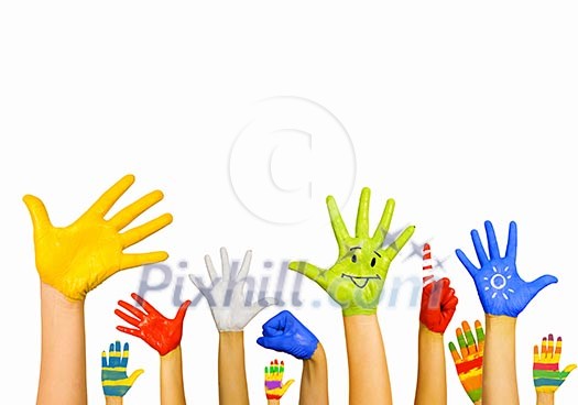 Image of human hands in colorful paint with smiles Image of human hands in colorful paint with smiles