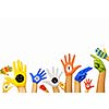 Image of human hands in colorful paint with smiles