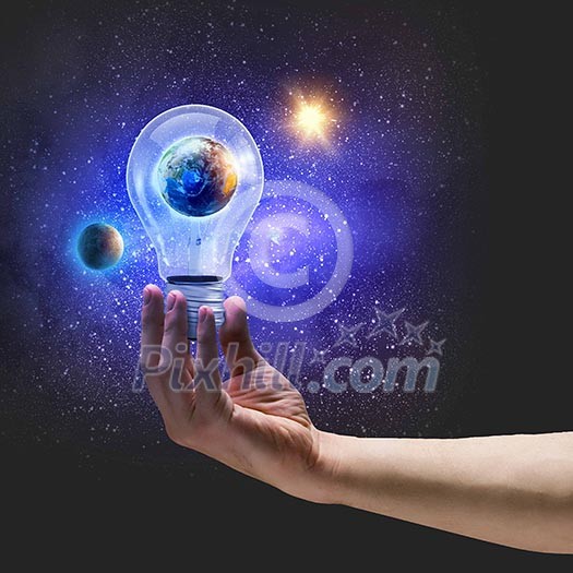 Image of human hand holding bulb with earth planet inside. Elements of this image are furnished by NASA Image of human hand holding bulb with earth planet inside. Elements of this image are furnished by NASA