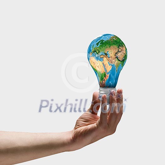 Image of human hand holding bulb with earth planet inside. Elements of this image are furnished by NASA Image of human hand holding bulb with earth planet inside. Elements of this image are furnished by NASA