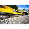 Fast train passing through a tunnel on a lovely summer day (motion blurred image)