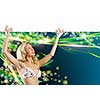 Young girl in bikini with white blank banner
