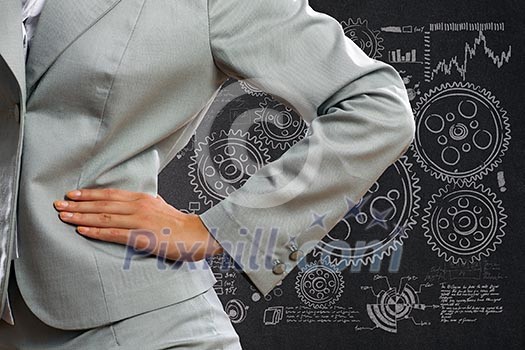 Body of businesswoman against business strategy sketches Body of businesswoman against business strategy sketches
