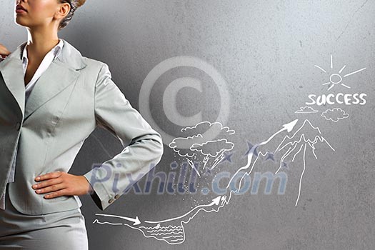 Body of businesswoman against business strategy sketches Body of businesswoman against business strategy sketches