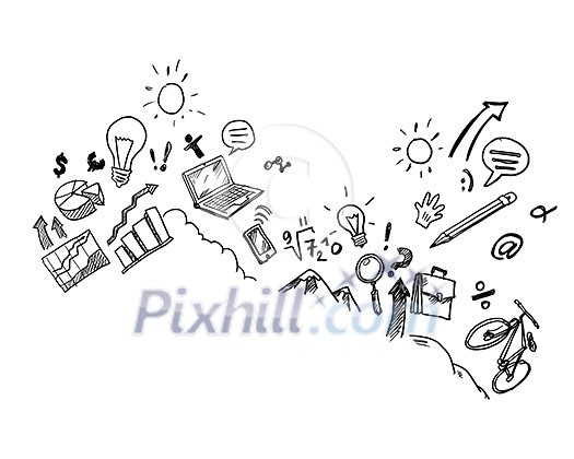 Conceptual sketch image with life concepts on white backdrop Conceptual sketch image with life concepts on white backdrop