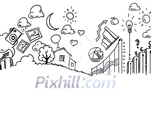 Conceptual sketch image with life concepts on white backdrop Conceptual sketch image with life concepts on white backdrop