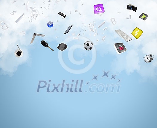 Background image with flying icons against sky background Background image with flying icons against sky background