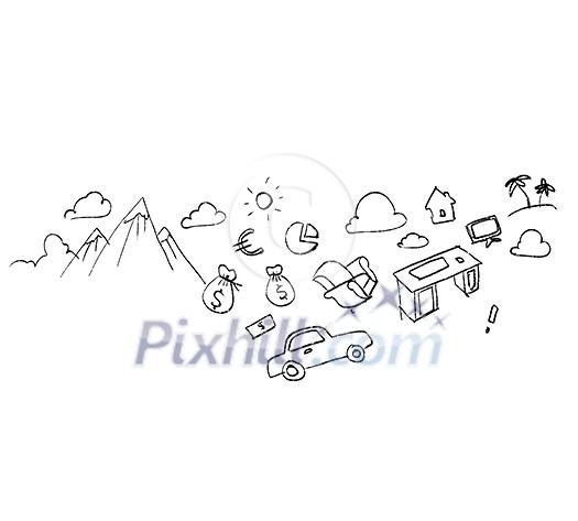 Conceptual sketch image with life concepts on white backdrop Conceptual sketch image with life concepts on white backdrop