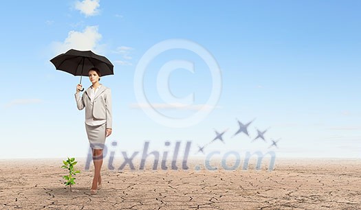 Attractive businesswoman protecting green sprout with umbrella Attractive businesswoman protecting green sprout with umbrella