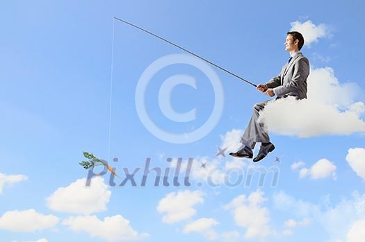 Businessman sitting on cloud and fishing with rod Businessman sitting on cloud and fishing with rod