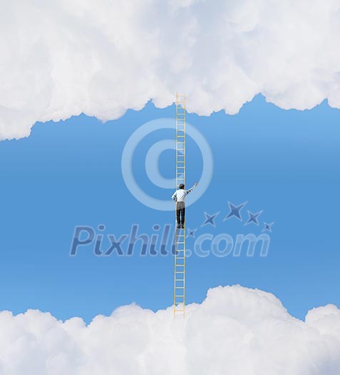 Businessman standing on ladder high in sky Businessman standing on ladder high in sky