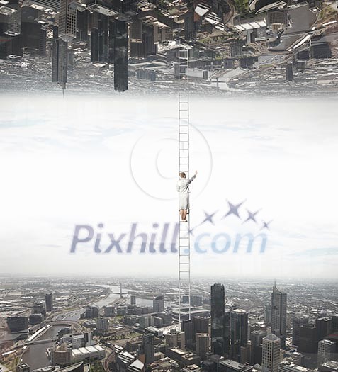 Businesswoman standing on ladder between two realities Businesswoman standing on ladder between two realities