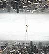 Businesswoman standing on ladder between two realities