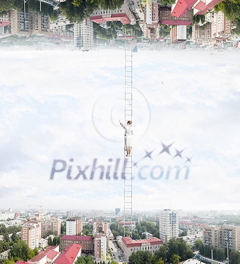 Businesswoman standing on ladder between two realities Businesswoman standing on ladder between two realities