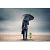 Rear view of businessman with umbrella protecting sprout