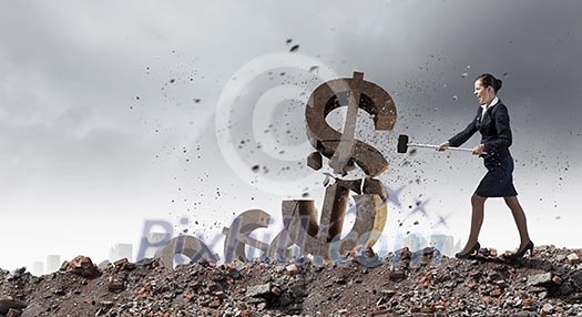 Young businesswoman crashing with hammer stone dollar symbol Young businesswoman crashing with hammer stone dollar symbol