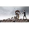 Young businesswoman crashing with hammer stone dollar symbol