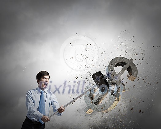 Young businessman crashing with hammer stone dollar symbol Young businessman crashing with hammer stone dollar symbol