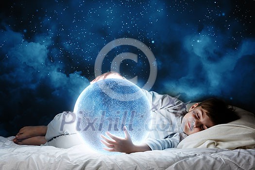 Cute boy sleeping in bed with moon Cute boy sleeping in bed with moon