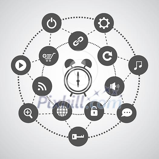 alarm clock and technology symbol set in circle diagram alarm clock and technology symbol set in circle diagram
