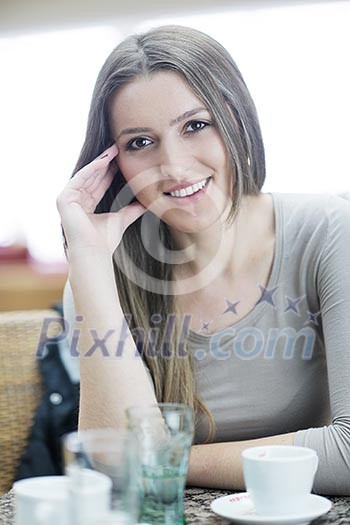 beautiful young woman student portrait while relax on coffee break beautiful young woman student portrait while relax on coffee break