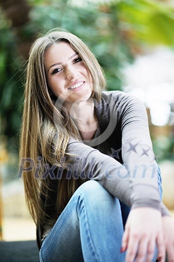 beautiful young woman student portrait while relax on coffee break beautiful young woman student portrait while relax on coffee break