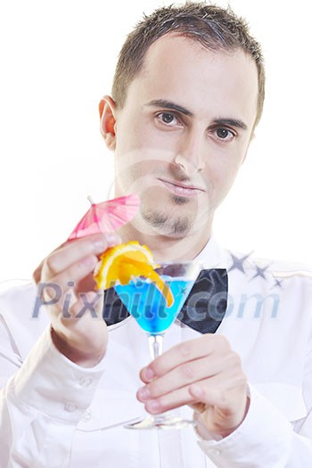 young barman portrait isolated on white background with alcohol coctail drink young barman portrait isolated on white background with alcohol coctail drink