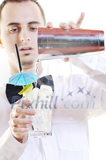 young barman portrait isolated on white background with alcohol coctail drink young barman portrait isolated on white background with alcohol coctail drink