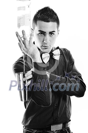 young barman portrait isolated on white background with alcohol coctail drink young barman portrait isolated on white background with alcohol coctail drink