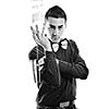 young barman portrait isolated on white background with alcohol coctail drink