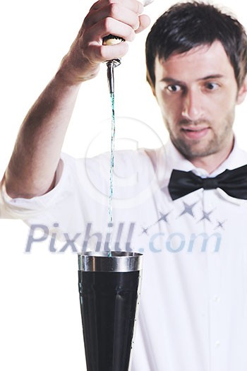 young barman portrait isolated on white background with alcohol coctail drink young barman portrait isolated on white background with alcohol coctail drink