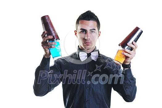 young barman portrait isolated on white background with alcohol coctail drink young barman portrait isolated on white background with alcohol coctail drink