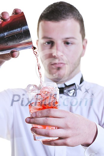 young barman portrait isolated on white background with alcohol coctail drink young barman portrait isolated on white background with alcohol coctail drink