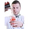 young barman portrait isolated on white background with alcohol coctail drink