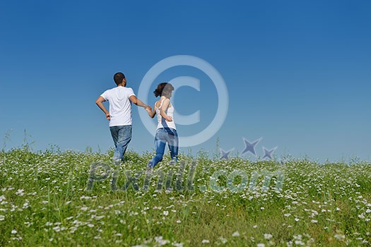 happy young couple in love have romance and fun at wheat field in summer happy young couple in love have romance and fun at wheat field in summer