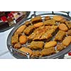 people group catering buffet food indoor in luxury restaurant with meat colorful fruits  and vegetables