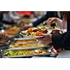 people group catering buffet food indoor in luxury restaurant with meat colorful fruits  and vegetables