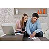 young couple at home with  modern livingroom indoor working on laptop on house finance and planing