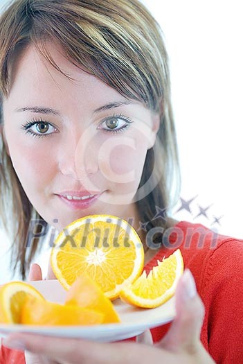 pretty woman with orange fruit pretty woman with orange fruit
