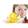 pretty woman with orange fruit